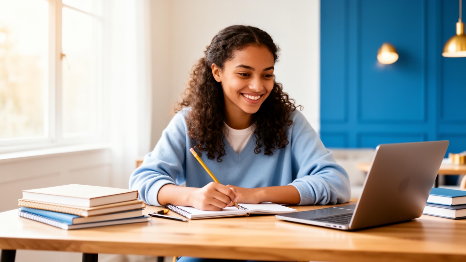 Student studying with notebooks and laptop